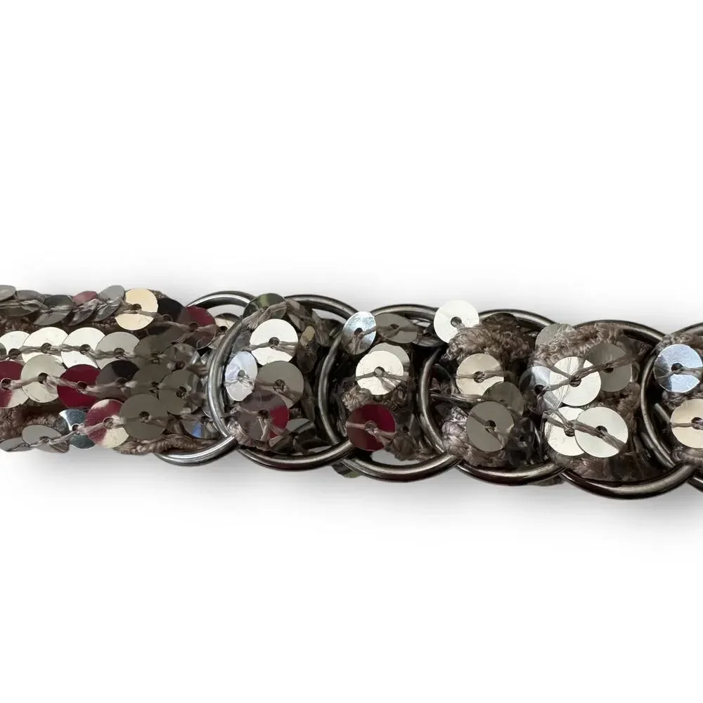 Vintage Sequin Crochet Ring Belt Silver Circles Tie Closure 1970s Small/Medium